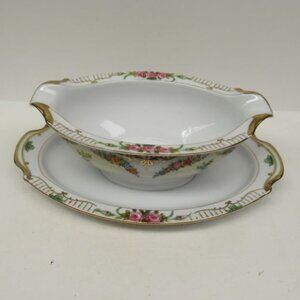Noritake China ROSE DALE Gravy Boat with Attached Under Plate, Made In Japan